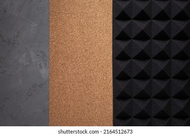 Acoustic Soundproof Foam And Cork Board On Cement Wall Background Texture. Sound Isolation Material For Studio