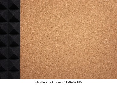 Acoustic Soundproof Foam And Cork Board On Wall Background Texture. Sound Isolation Material For Studio