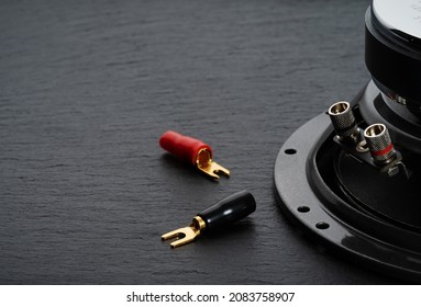 Acoustic speaker with connectors, electrical plugs for speaker wires with, connectors close-up on a black background
