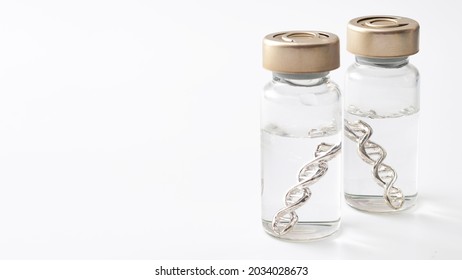 Acquired immunity vaccine, genetic pharmaceutical and immunization injection concept with glass vials contain DNA or mRNA double helix and clear fluid isolated on white background with copy space
