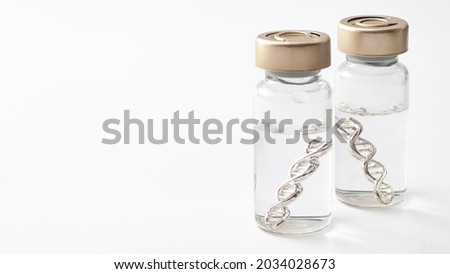 Acquired immunity vaccine, genetic pharmaceutical and immunization injection concept with glass vials contain DNA or mRNA double helix and clear fluid isolated on white background with copy space