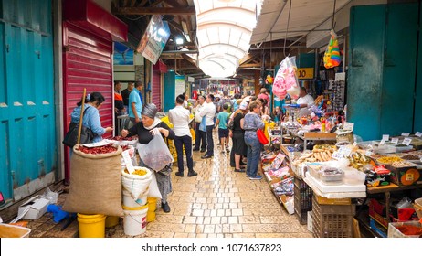 Acre, Israel - December 23, 2017: The old Bazaar and market of Acre, Packed with hundreds of shops and restaurants.