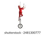 Acrobat riding a giraffe unicycle and juggling isolated on white background