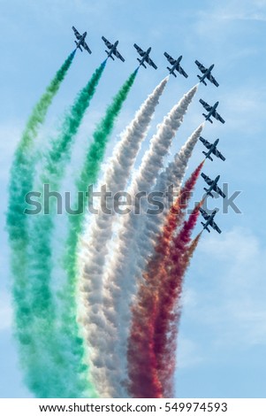 Acrobatic air performance of Free ce tricolor on Slovak international air force day  Airshow Slovakia Italian aircraft, fighters