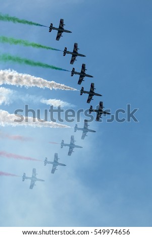 Acrobatic air performance of Free ce tricolor on Slovak international air force day  Airshow Slovakia Italian aircraft, fighters