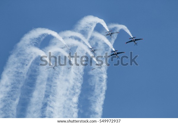 Acrobatic air performance of\
acrobatic team on Slovak international air force day  Airshow\
Slovakia 