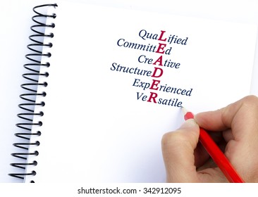 Acronym LEADER - Qualified, Committed, Creative, Structured, Experienced, Versatile. Concept