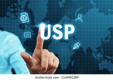 Acronym USP or Unique Selling Proposition. Person clicks on an abstract display with icons. - Shutterstock ID 2144981289