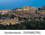 Acropolis of Athens in Greece at night. Panoramic view.