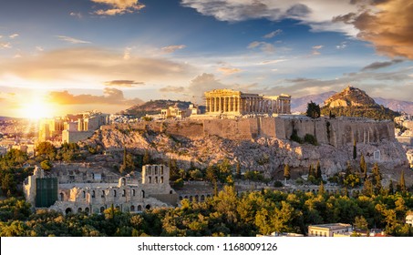 The Acropolis of Athens, Greece, with the Parthenon Temple on top of the hill during a summer sunset - Shutterstock ID 1168009126