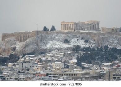 The Acropolis Of Athens With Snow During The Snowstorm Of 16 And 17-2-2008.