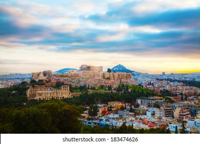 Acropolis In The Morning After Sunrise In Athens, Greece