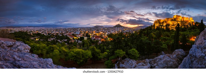 Acropolis And Panoramic View Of The City Of Athens, Greece. 
