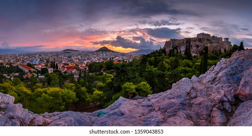 Acropolis And Panoramic View Of The City Of Athens, Greece. 
