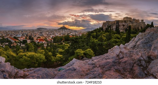 Acropolis And Panoramic View Of The City Of Athens, Greece. 
