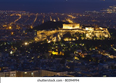 Acropolis And Parthenon By Night Athens Greece