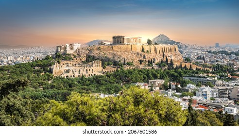 Acropolis Skyline At Sunset In Athens, Greece.