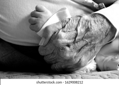 Across The Generations. Grandma Holding Newborn Grandchild’s Arm In Monochrome