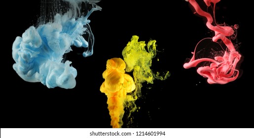 Acrylic colors in water. Ink blot. Abstract background. Collection on black.