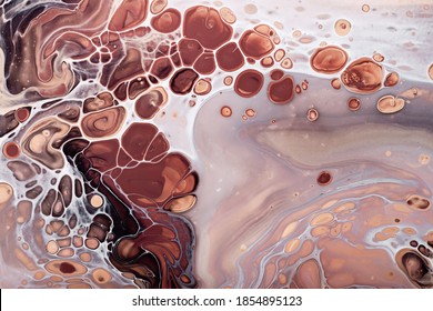 Acrylic Fluid Art. Brown Bubbles And Beige Waves Abstract Stone Background Or Texture.