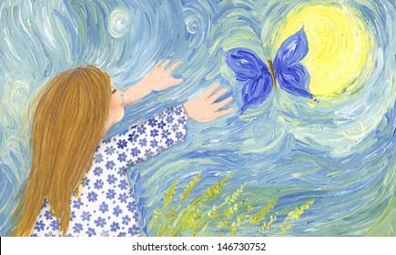 Acrylic illustration of girl chasing butterfly