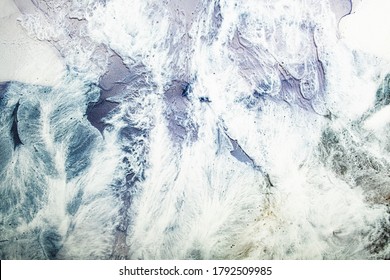 Acrylic Ink Water. Marble Texture. White Blue Sea Wave Foam Bubble Abstract Design. Mineral Stone Streak Pattern With Grain Sparkles. Nature Art Background. Wisdom Tranquility.