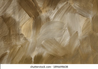 Acrylic Paint In Dark Beige Or Sand Colors. Light Brown Art Background. Large Brush Strokes. Natural Earth Tones. Abstract Monochrome Painting. Textured Surface Template For Banner, Poster