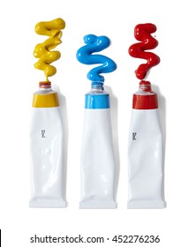 Acrylic paint tubes with smears, isolated on a white background