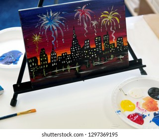 An Acrylic Painting Of A City At Night With Fireworks On An Easel Created On Paint Nite