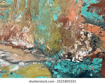 Acrylic painting, pouring paint technique. Liquid, marble-inspired effects. Warm earth colors with contrasting elements. Luxury and unique artwork. Perfect for interior design. Ready to print.
