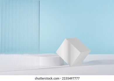 Acrylic plate  podium  background for cosmetic product packaging blue backdrop and stylish props  Showcase for jewellery presentation  display for advertising  cosmetics branding scene mockup