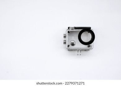 Action camera case on mounting path isolated on white background