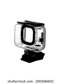 Action camera with case on white background