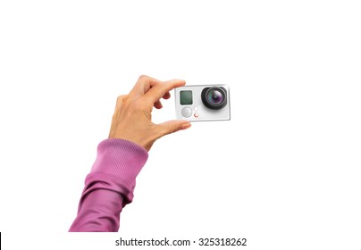 Action Camera In Hand. Nice Icon Can Go On Your Pro Site Or Design Presentation. Small Isolated Cam Holding In Hands. Film In 4K And Full Hd. 