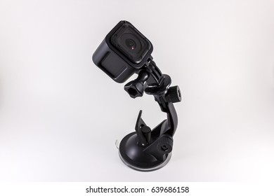 Action Camera mounted on accessory isolated on white background