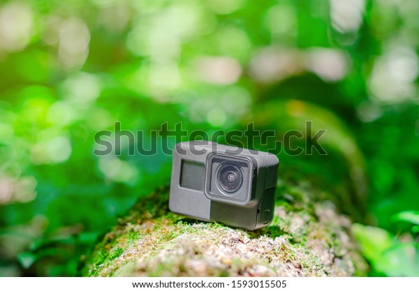 Action camera on a log in\
the forest.