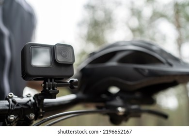 An Action Camera For Photos And Videos Is Installed On An Extreme Sports Bike