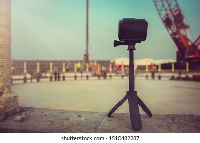 Action Camera Is Recording Time Lapse Video Of Construction Work At Site.