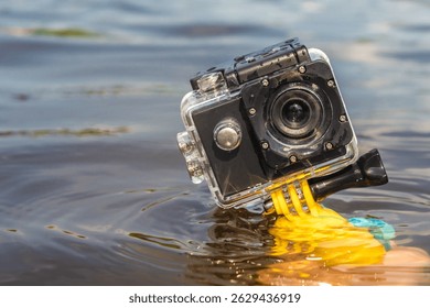 Action camera with a waterproof case in a person's hand over water close-up