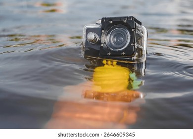 Action camera with a waterproof case in a person's hand over water close-up