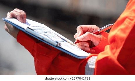 Action of an engineer is checking on the chemical hazard material form with background of crude oil or chemical transportation via train or railroad. Industrial safety working concept, close-up.