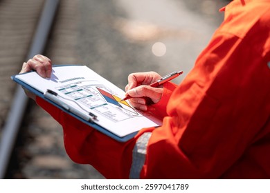 Action of an engineer is checking on the chemical hazard material form with background of crude oil or chemical transportation via train or railroad. Industrial safety working concept, close-up.