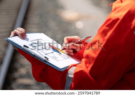 Action of an engineer is checking on the chemical hazard material form with background of crude oil or chemical transportation via train or railroad. Industrial safety working concept, close-up.