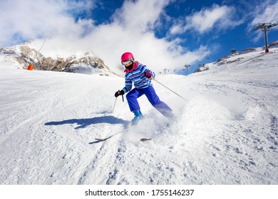 Action High Speed Motion Of The Girl Ski Downhill In The Mountains