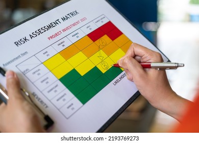 Action Of Manager Is Rating On Project Investment Plan Risk Assessment Matrix, Decision To Reduce Risk From High (A) To Medium Level (B). Industrial And Business Working Concept, Selective Focus.