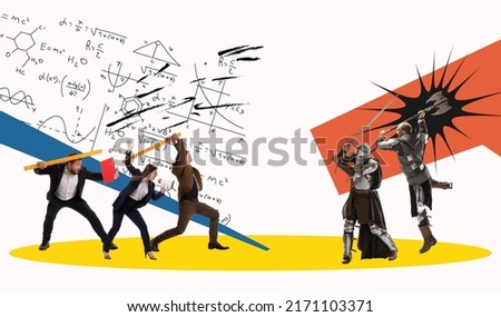 In action, motion. Comic composition with office worker and medieval knights meeting in battle over bright abstract background. Concept of eras comparison, creativity. Collage, poster
