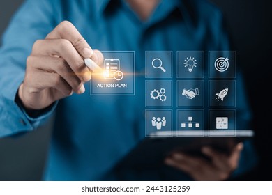 Action plan concept. Business and marketing, objective, strategy, Plan and implementation. Businessman touching action plan icon on virtual screen for Strategic, Vision, Planning and Direction. - Powered by Shutterstock