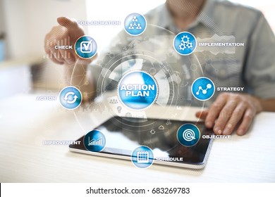 Action plan on the virtual screen. Planning concept. Business strategy.