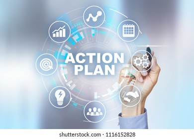 Action plan text on virtual screen. Business and technology concept. - Shutterstock ID 1116152828