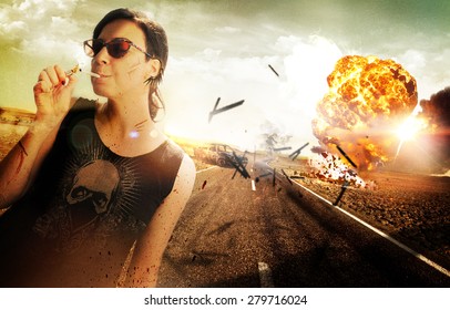 Action Scene - Female Road Warrior Concept With Vintage Overlay